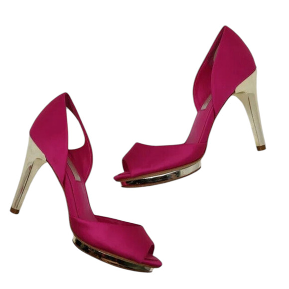 BCBG MaxAzria Hot Pink Satin peep toe pumps sz 5.5 - Picture 2 of 11